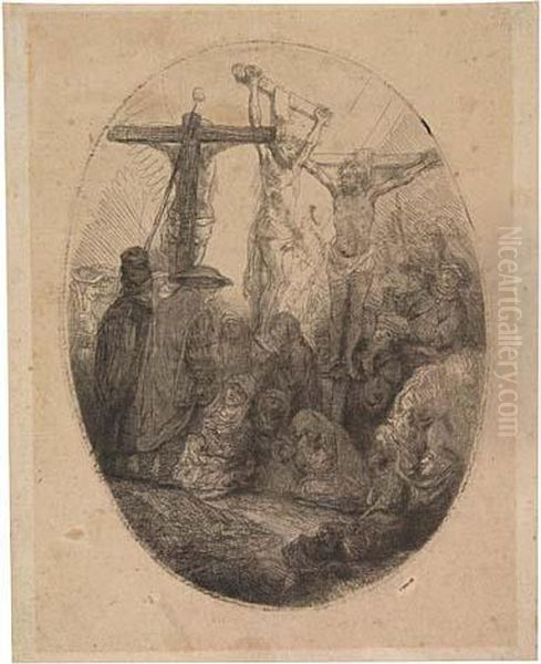 Christ Crucified Between The Two Thieves: An Oval Plate Oil Painting by Rembrandt Van Rijn