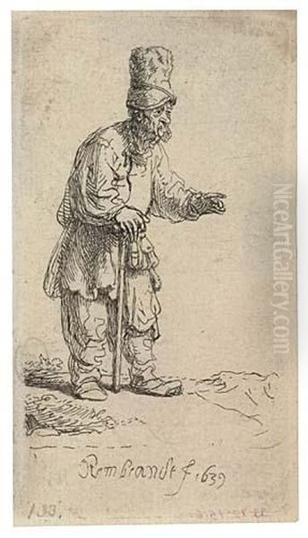 A Peasant In A High Cap, Standing Leaning On A Stick Oil Painting by Rembrandt Van Rijn