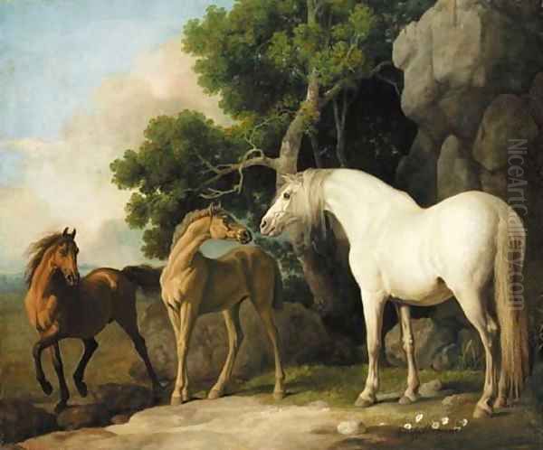 A mare and foal with a bay horse Oil Painting by George Stubbs