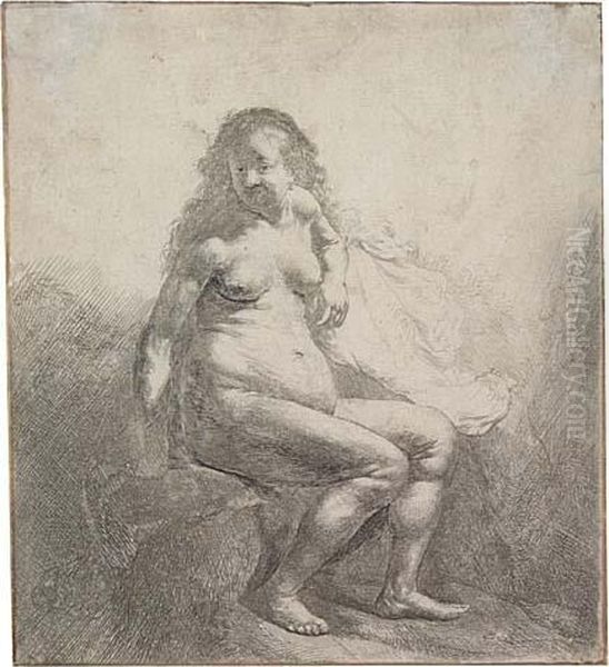 Nude Woman Seated On A Mound Oil Painting by Rembrandt Van Rijn