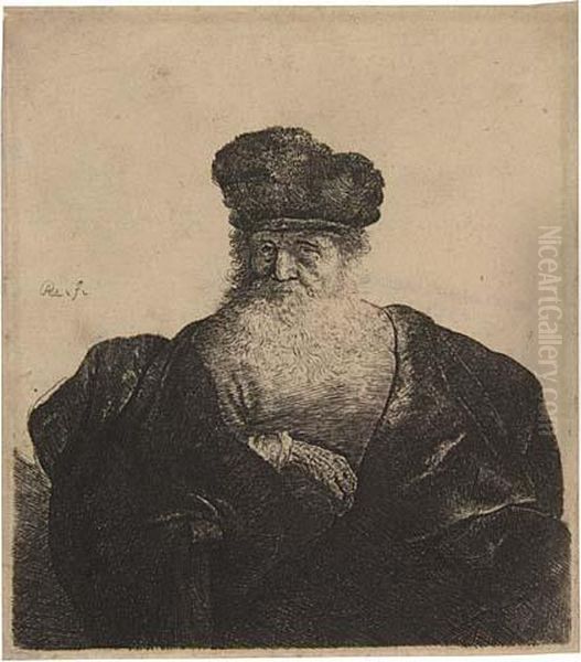 Old Man With Beard, Fur Cap And Velvet Cloak Oil Painting by Rembrandt Van Rijn