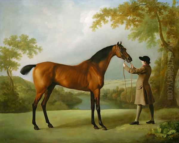 Tristram Shandy, a bay racehorse held by a groom, in an extensive landscape Oil Painting by George Stubbs