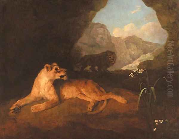 A lion and lioness in a cave Oil Painting by George Stubbs