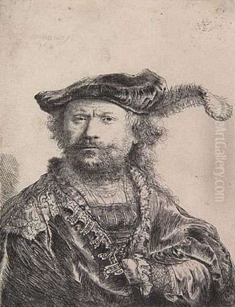 Self Portrait In A Velvet Cap With Plume Oil Painting by Rembrandt Van Rijn