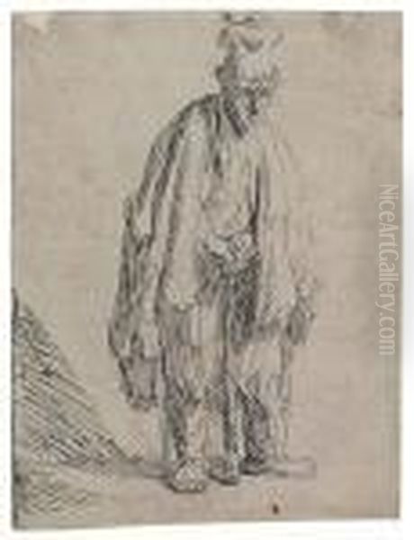 Beggar In A High Cap, Standing And Leaning On A Stick Oil Painting by Rembrandt Van Rijn