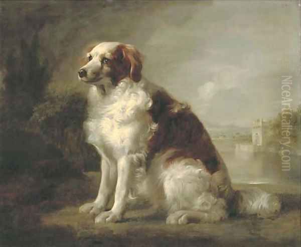 A red and white dog, in a landscape, a fortified tower and an estuary beyond Oil Painting by George Stubbs