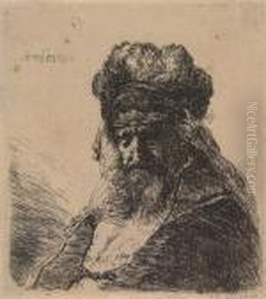 Old Bearded Man In A High Fur Cap, With Eyes Closed Oil Painting by Rembrandt Van Rijn