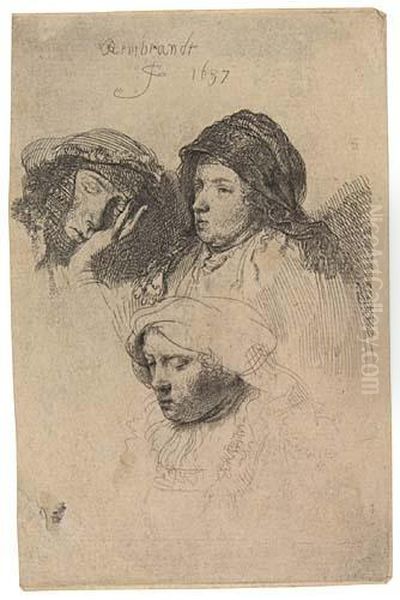 Three Heads Of Women: One Asleep Oil Painting by Rembrandt Van Rijn