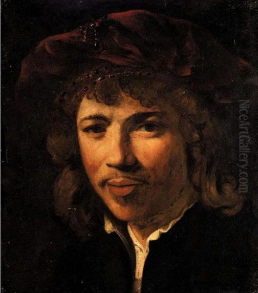 Portrait Of A Gentleman, Head And Shoulders, Wearing A Black Jacket And A Red Cap Oil Painting by Rembrandt Van Rijn