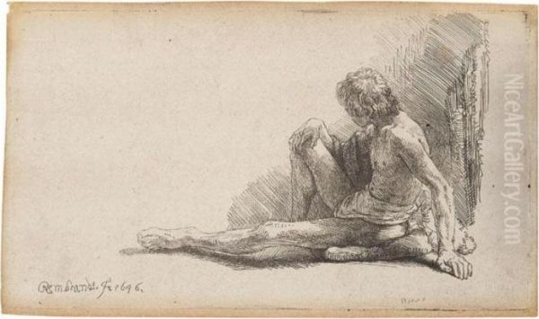 Nude Man Seated On The Ground With One Leg Extended (b., Holl.196; H.221; Bb.46-c) Oil Painting by Rembrandt Van Rijn