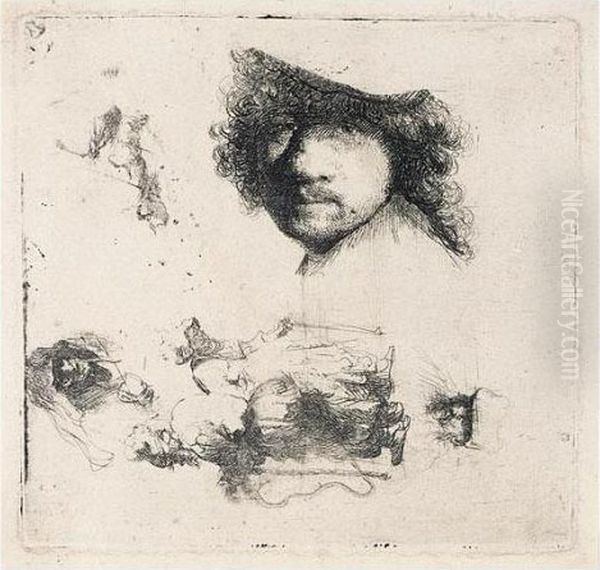 Sheet Of Studies: Head Of The 
Artist, A Beggar Couple, Heads Of An Old Man And Old Woman (b., 
Holl.363; H.90; Bb.32-1) Oil Painting by Rembrandt Van Rijn