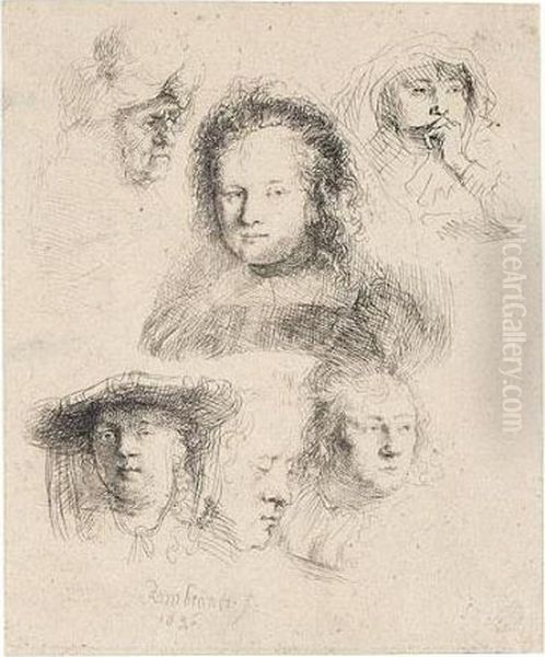 Studies Of The Head Of Saskia And Others (b., Holl.365; H.145; Bb.36-b) Oil Painting by Rembrandt Van Rijn