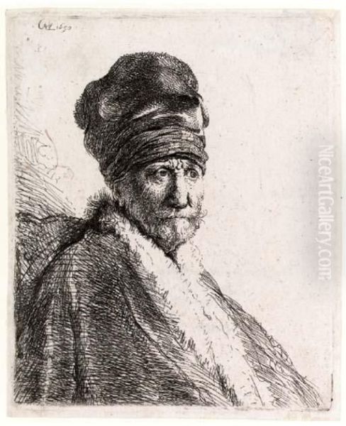 Bust Of A Man Wearing A High Cap Oil Painting by Rembrandt Van Rijn