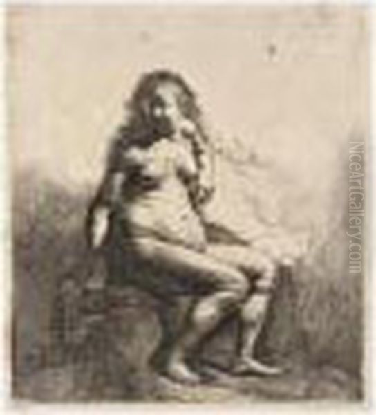 Naked Woman Seated On A Mound 
(bartsch, Hollstein 198; Hind 43; Bjorklund & Barnard 31-5) Oil Painting by Rembrandt Van Rijn