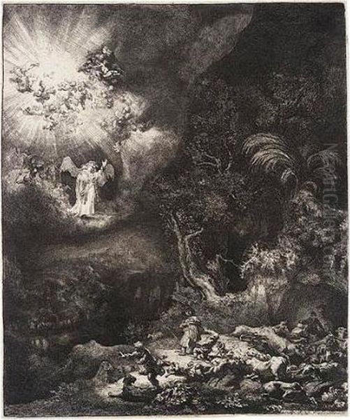 The Angel Appearing To The Shepherds (b., Holl.44; H.120; Bb.34-j) Oil Painting by Rembrandt Van Rijn