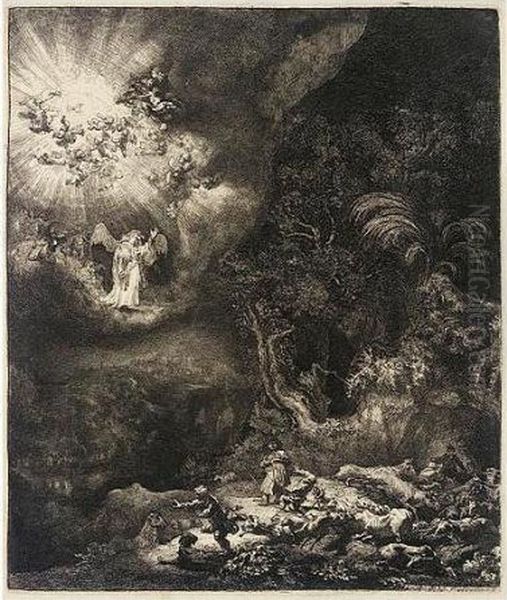 The Angel Appearing To The Shepherds (b., Holl.44; H.120; Bb.34-j) Oil Painting by Rembrandt Van Rijn