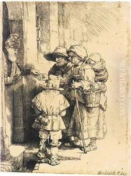 Beggars Receiving Alms At The Door Of A House (b., Holl.176; H.233; Bb.48-c) Oil Painting by Rembrandt Van Rijn