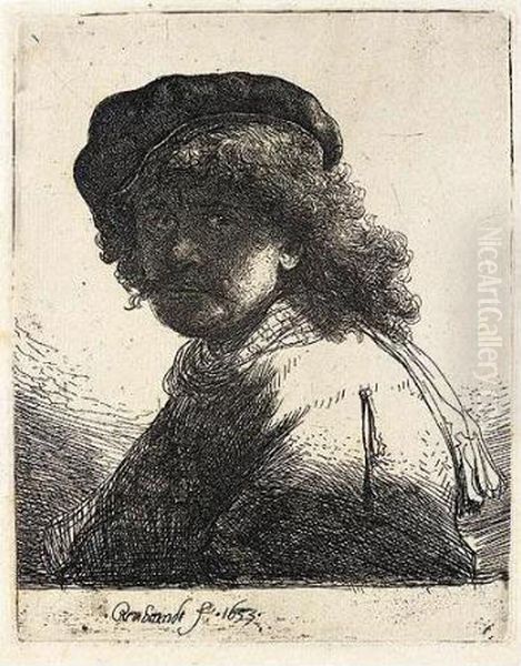 Self-portrait In A Cap And Scarf (b., Holl.17; H.108; Bb.33-g) Oil Painting by Rembrandt Van Rijn