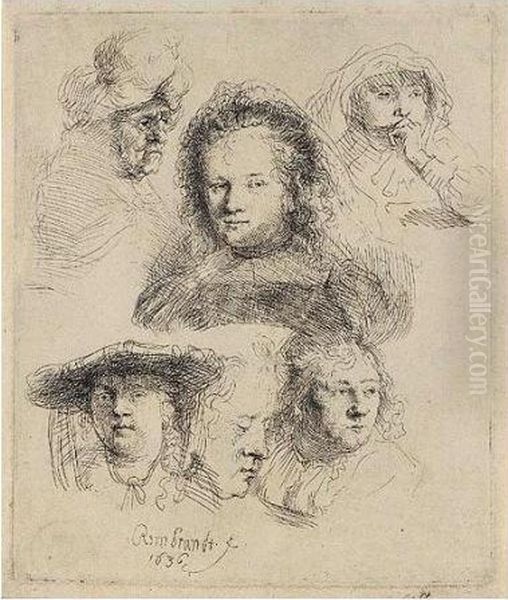 Studies Of The Head Of Saskia And Others (b., Holl.365; H.145; Bb.36-b) Oil Painting by Rembrandt Van Rijn