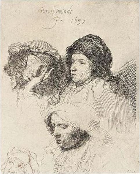 Three Heads Of Women: One Asleep (b., Holl.368; H.152; Bb.37-d) Oil Painting by Rembrandt Van Rijn