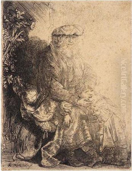 Abraham Caressing Isaac (b., Holl.33; H.148; Bb.37-2) Oil Painting by Rembrandt Van Rijn