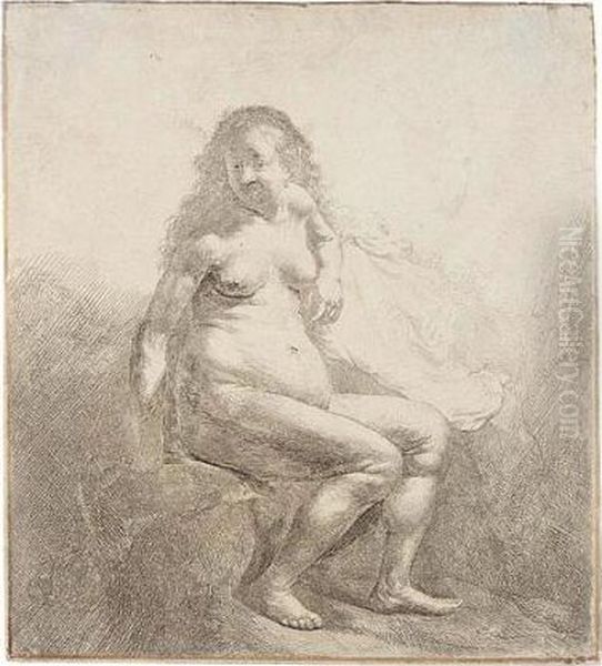 Naked Woman Seated On A Mound (b., Holl.198; H.43; Bb.31-5) Oil Painting by Rembrandt Van Rijn