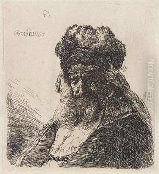 Old Bearded Man In A High Fur Cap, With Eyes Closed (b., Holl.290; H.130; Bb.35-3) Oil Painting by Rembrandt Van Rijn