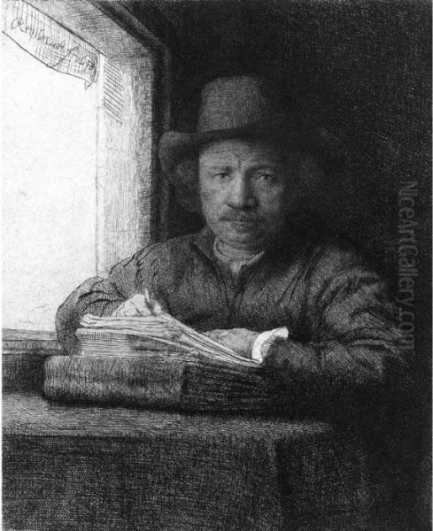 Self Portrait Drawing At A Window (b., Holl.22; H.229; Bb.48-a) Oil Painting by Rembrandt Van Rijn