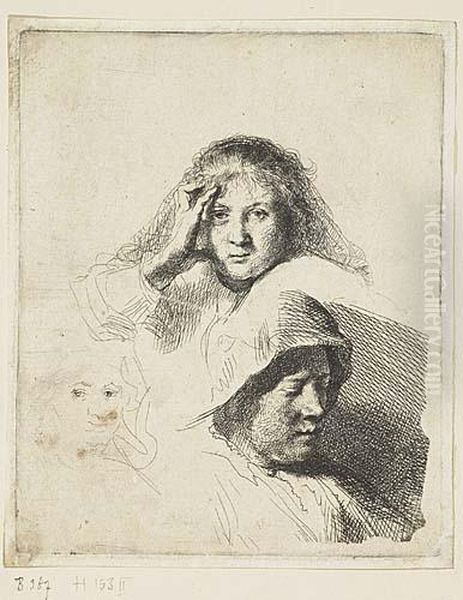 Three Heads Of Women, One Lightly Etched Oil Painting by Rembrandt Van Rijn