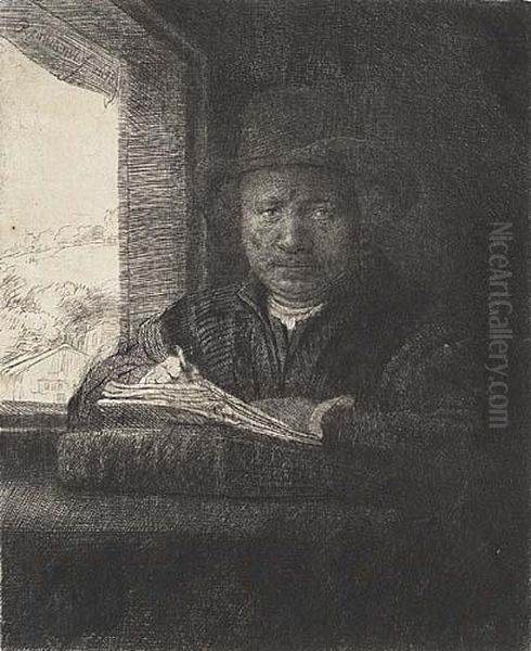 Self Portrait Drawing At A Window Oil Painting by Rembrandt Van Rijn