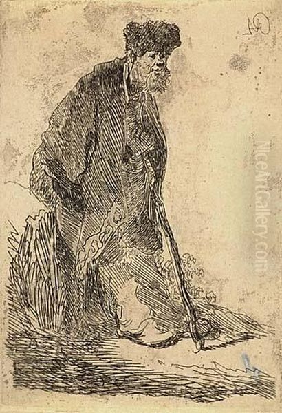 Man In A Coat And Fur Cap Leaning Against A Bank Oil Painting by Rembrandt Van Rijn