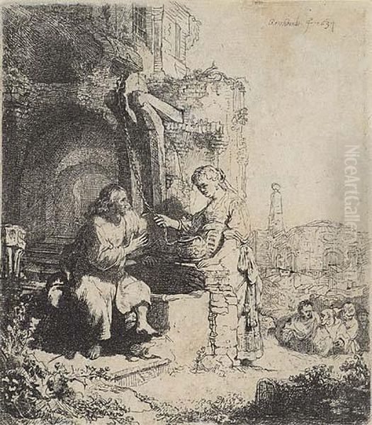 Christ And The Woman Of Samaria Among Ruins Oil Painting by Rembrandt Van Rijn