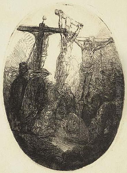 Christ Crucified Between The Two Thieves: An Oval Plate Oil Painting by Rembrandt Van Rijn