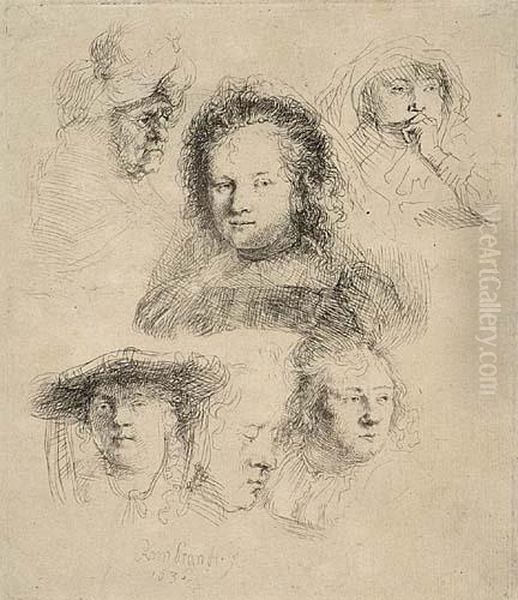 Sheet Of Studies: Head Of Saskia And Others Oil Painting by Rembrandt Van Rijn