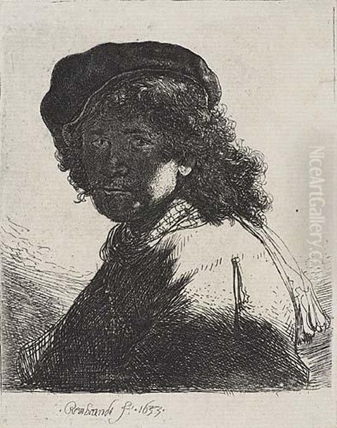 Self Portrait In A Cap And Scarf With The Face Dark: Bust Oil Painting by Rembrandt Van Rijn