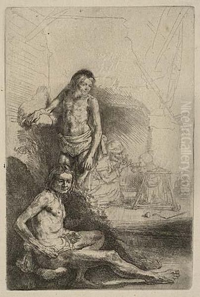 Nude Man Seated And Another Standing With A Woman And A Baby Oil Painting by Rembrandt Van Rijn