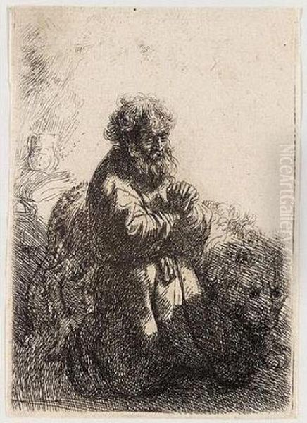 St Jerome Kneeling In Prayer, Looking Down (b., Holl.102; H.140; Bb.35-h) Oil Painting by Rembrandt Van Rijn