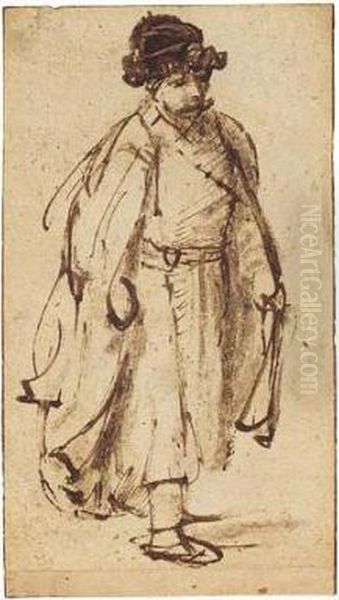 A Man In Fur Hat, Walking To The Right Oil Painting by Rembrandt Van Rijn