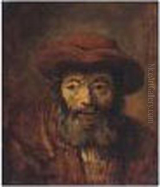 Portrait Of A Bearded Man, Head And Shoulders, Wearing A Brown Hat Oil Painting by Rembrandt Van Rijn