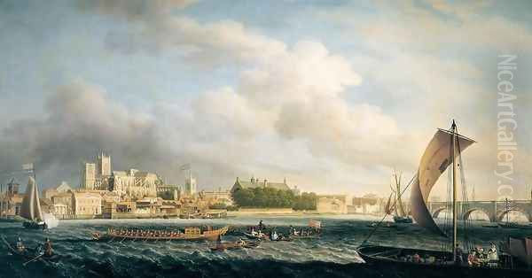 The Thames at Westminster Bridge with Barges 1746 Oil Painting by Samuel Scott