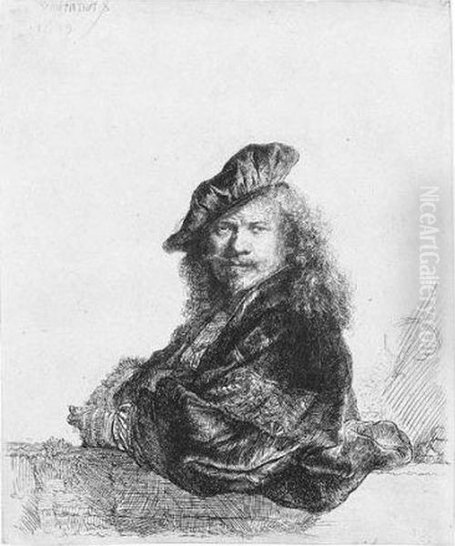 Self Portrait Leaning On A Stone Sill (b., Holl.21; H.168; Bb.39-e) Oil Painting by Rembrandt Van Rijn