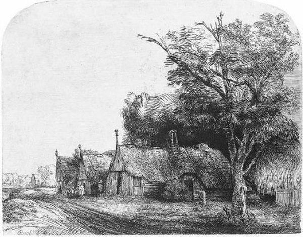 Landscape With Three Gabled Cottages Beside A Road (b., Holl.217; H.246; Bb.50-d) Oil Painting by Rembrandt Van Rijn