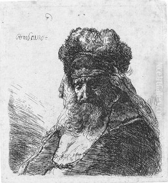 Old Bearded Man In A High Fur Cap, With Eyes Closed (b., Holl.290; H.130; Bb.35-3) Oil Painting by Rembrandt Van Rijn