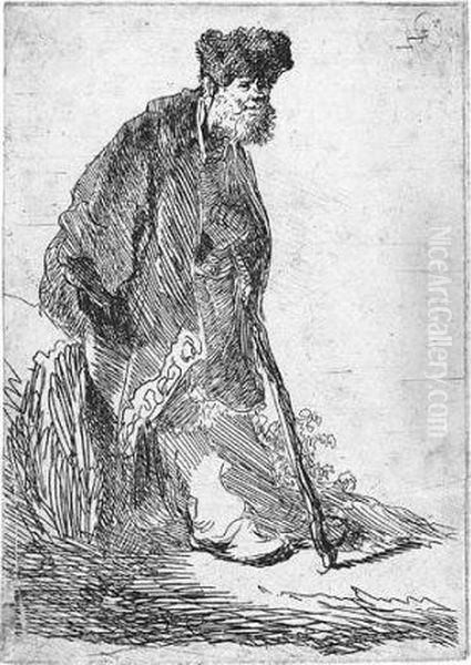 Man In A Coat And Fur Cap Leaning Against A Bank (b., Holl.151; H.14; Bb.30-6) Oil Painting by Rembrandt Van Rijn