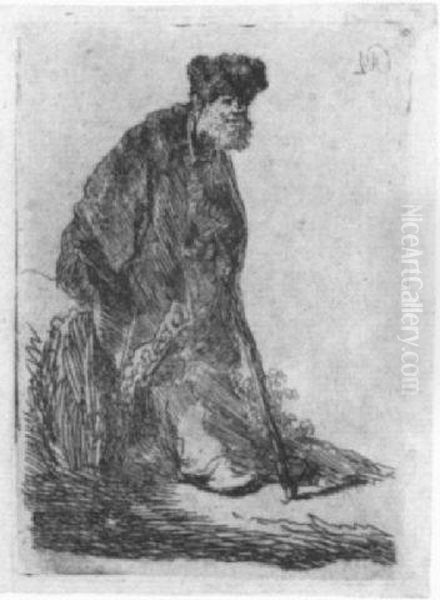 Man In A Coat And Fur Cap Leaning Against A Bank Oil Painting by Rembrandt Van Rijn