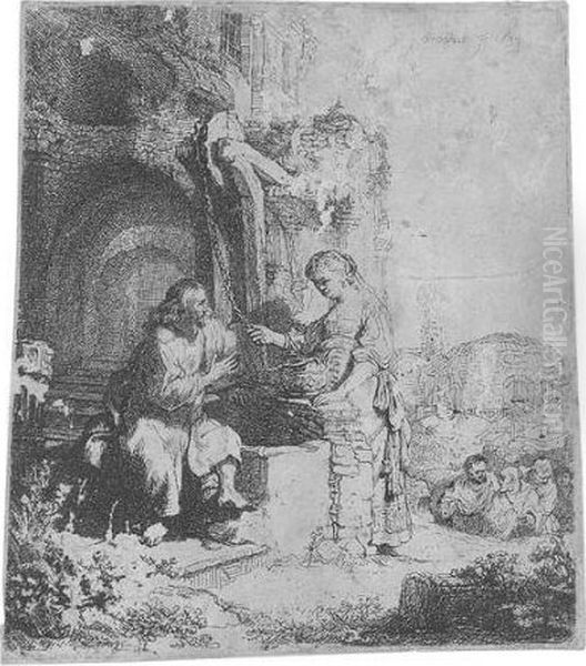 Christ And The Woman Of Samaria Among Ruins (b., Holl.71; H.122; Bb.34-l) Oil Painting by Rembrandt Van Rijn