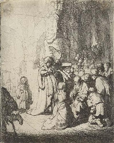 The Presentation In The Temple With An Angel: Small Plate Oil Painting by Rembrandt Van Rijn