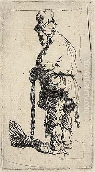 Beggar Leaning On A Stick, Facing Left Oil Painting by Rembrandt Van Rijn