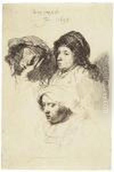 Three Heads Of Women: One Asleep Oil Painting by Rembrandt Van Rijn