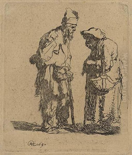 Beggar Man And Beggar Woman Conversing Oil Painting by Rembrandt Van Rijn